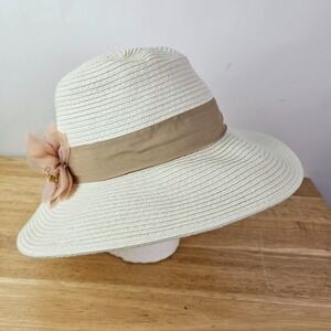 August Hat Company Ivory Beige Easter Church‎ Derby Ladies Sun Hat Flower Beaded